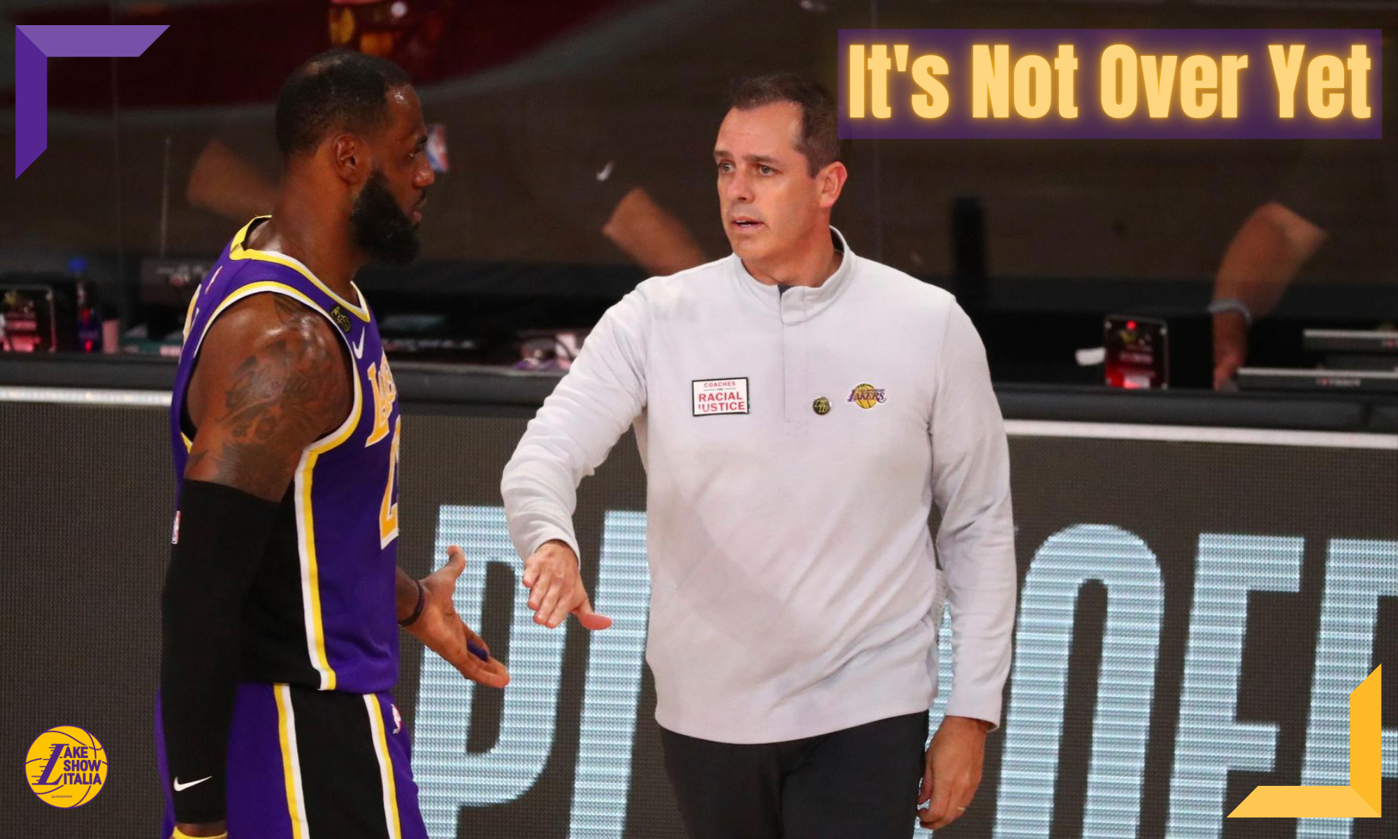Los Angeles Lakers forward LeBron James (23) slaps hands with head coach Frank Vogel in the second half of Game 3 of an NBA basketball first-round playoff series against the Portland Trail Blazers, Saturday, Aug. 22, 2020, in Lake Buena Vista, Fla.