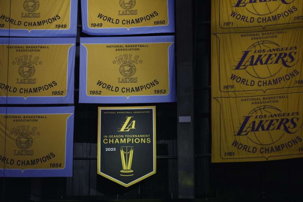 Championship banner for the 2023 In-Season Tournament unveiled before the game between the New York Knicks and the Los Angeles Lakers at Crypto.com Arena on December 18, 2023 in Los Angeles, California.