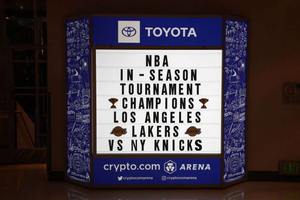 The crypto.com marquee sign commemorating the Los Angeles Lakers In-Season Tournament championship during the game between the Lakers and the New York Knicks.