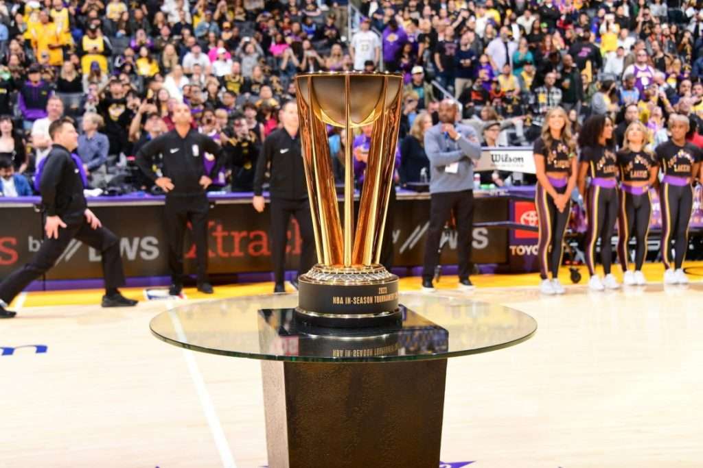 A look at the 2023-24 In-Season Tournament Championship Trophy before the game on December 18, 2023 at Crypto.Com Arena in Los Angeles, California.